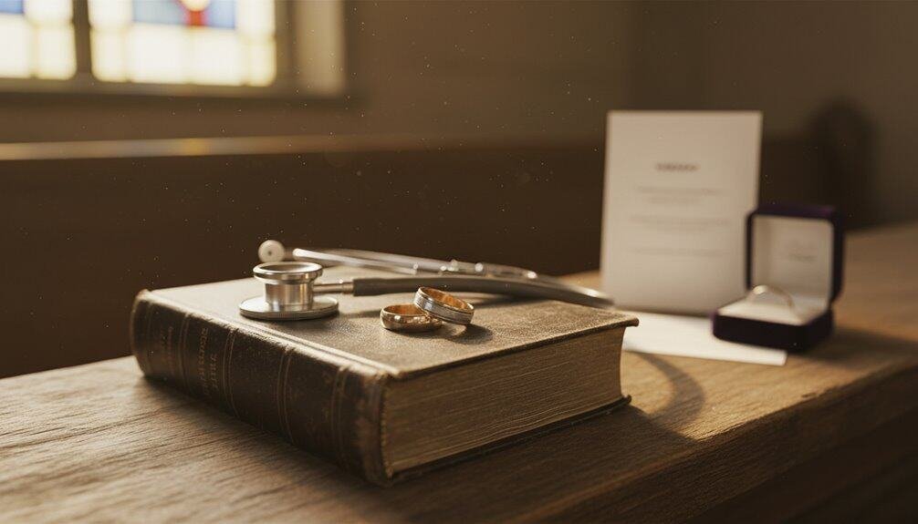 Stethoscope, rings, and scripture on a wooden table, emphasizing faith-based healing and spiritual wellness through biblical teachings. Perfect for Christian healing and health resources.