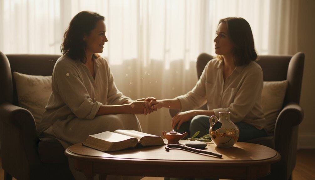 Warm-hearted women sharing spiritual connection with Bible, prayer, and friendship in cozy home setting.