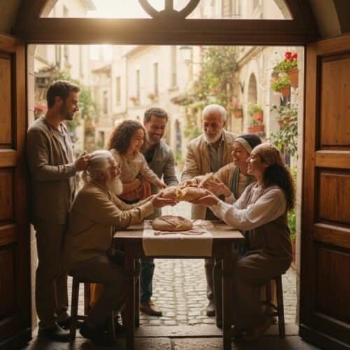 Family sharing bread and prayer at table for faith and unity.