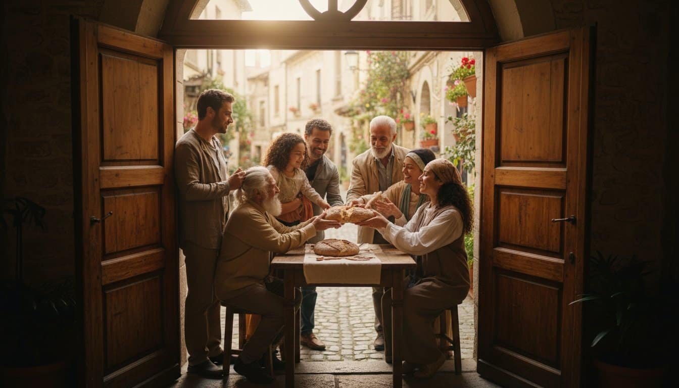 Family sharing bread and prayer at table for faith and unity.