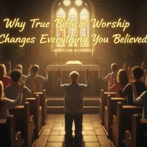 A group of people worshiping in a church with stained glass windows during a service, emphasizing the importance of biblical worship and how it transforms believers’ lives through faith and devotion.