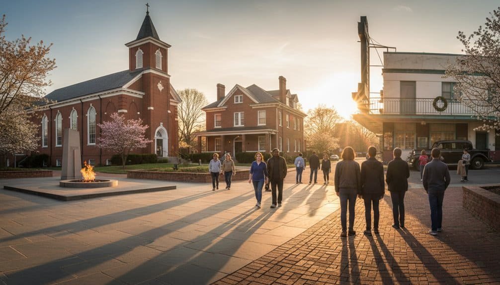 Peaceful church scene with people walking, sunny weather, church building, and community spirit, ideal for promoting faith-based music and bible song activities.