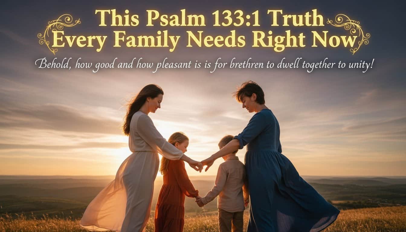 Happy family holding hands at sunset, representing unity and faith, with an inspiring biblical message about Psalm 133:1 emphasizing family harmony and love.