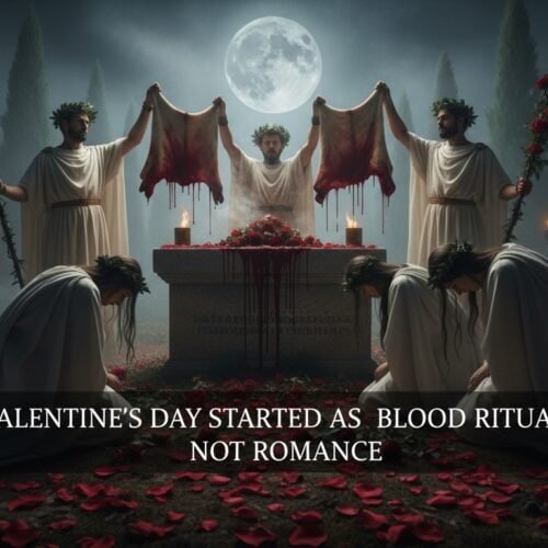 Gothic-style scene depicting a dark, dramatic blood ritual with figures in white robes and blood-stained cloths beneath a full moon. Ideal for themes of dark romance, spiritual rituals, and gothic imagery.