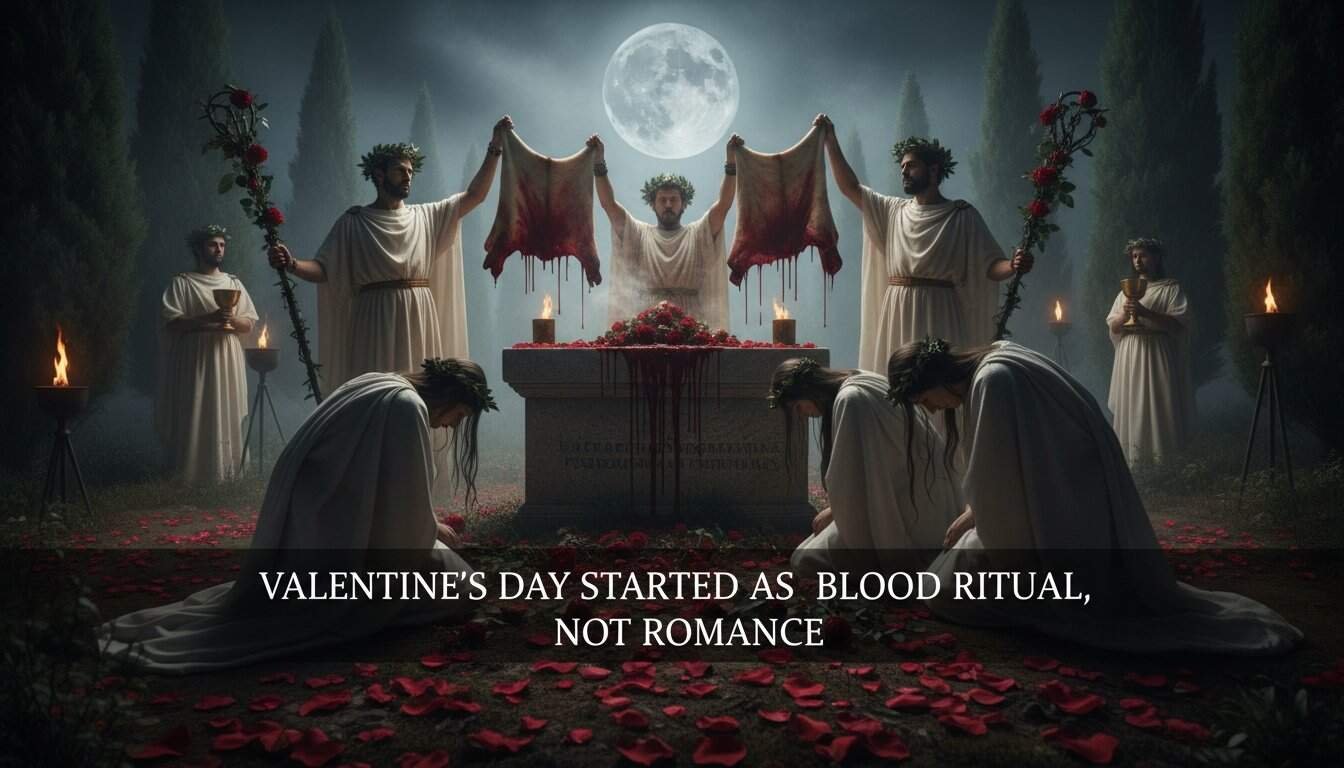Gothic-style scene depicting a dark, dramatic blood ritual with figures in white robes and blood-stained cloths beneath a full moon. Ideal for themes of dark romance, spiritual rituals, and gothic imagery.