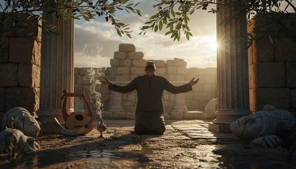 A man prays in ancient ruins with a lyre, stone sculptures, and greenery, illuminated by the sunset, symbolizing worship, faith, and devotion. Perfect for religious and spiritual inspiration.
