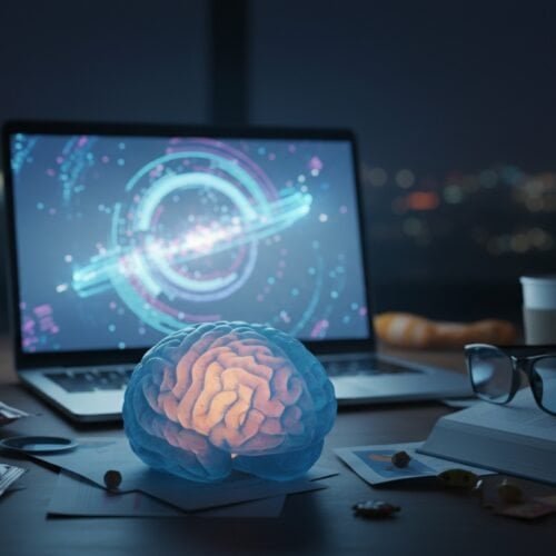 Smart brain hologram with computer and workspace, innovative digital technology for mind and brain enhancement.
