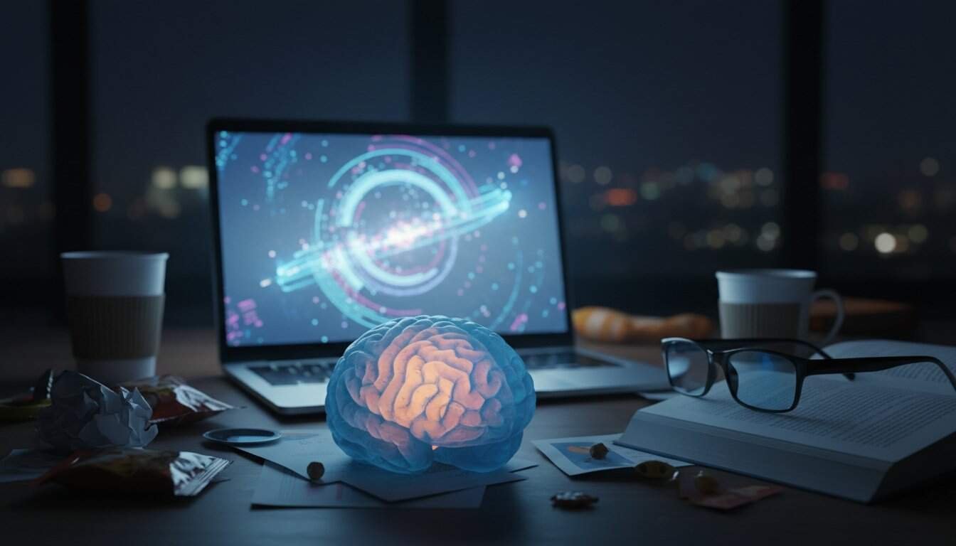 Smart brain hologram with computer and workspace, innovative digital technology for mind and brain enhancement.
