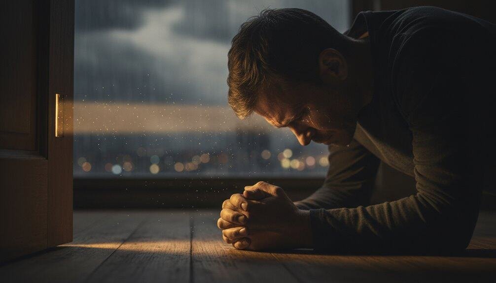 A man praying sincerely at dusk by a window, seeking comfort and strength through his faith in God. Reflects devotion, hope, and connection to spirituality, inspired by biblical themes.
