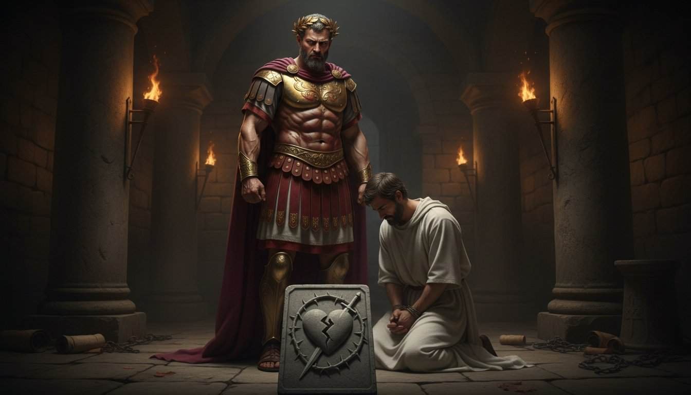 Inspiring Christian music for worship, featuring a powerful biblical scene of a man praying before a Roman soldier, emphasizing faith, hope, and salvation through Jesus Christ.