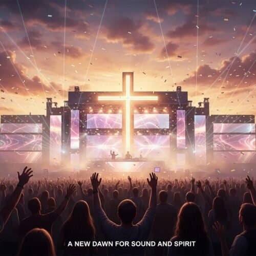 Vivid stage with cross and large screens during Christian concert at sunset, worshippers raising hands, LED lighting, lively atmosphere, spiritual celebration, faith, praise, community gathering.