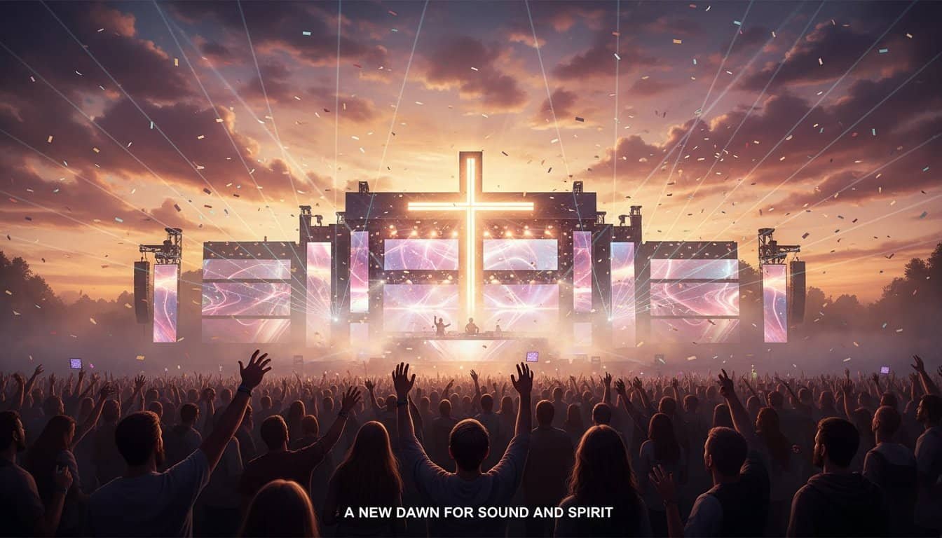 Vivid stage with cross and large screens during Christian concert at sunset, worshippers raising hands, LED lighting, lively atmosphere, spiritual celebration, faith, praise, community gathering.