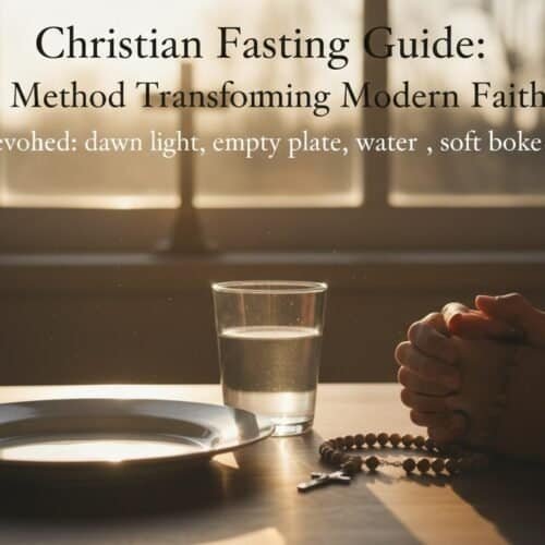 Praying hands with rosary and water on table.