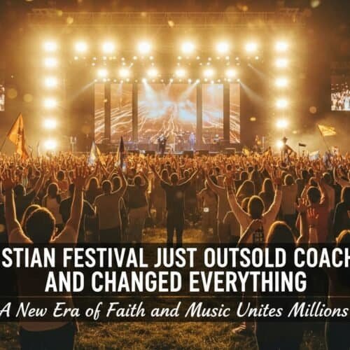 ALT text: Large Christian festival with crowd raising hands, stage with bright lights, and screens displaying worship, creating an inspiring atmosphere for faith and music.