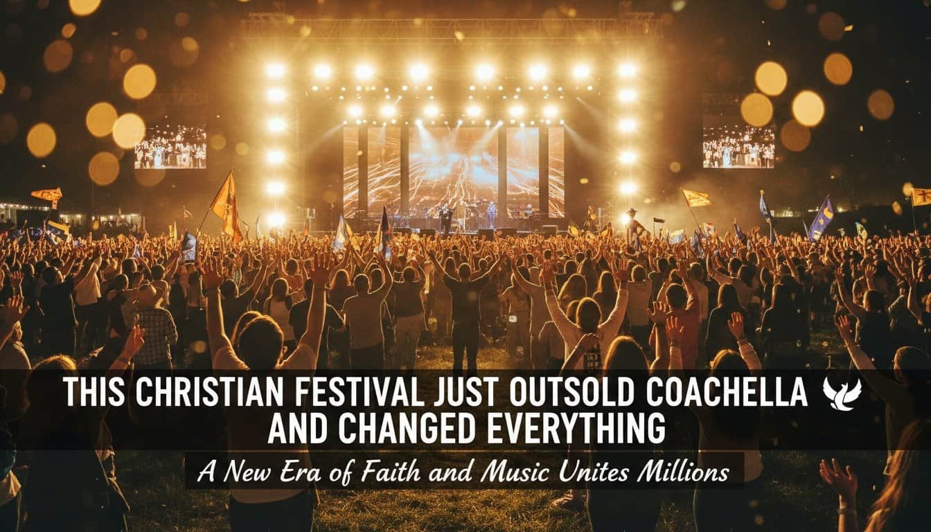 ALT text: Large Christian festival with crowd raising hands, stage with bright lights, and screens displaying worship, creating an inspiring atmosphere for faith and music.