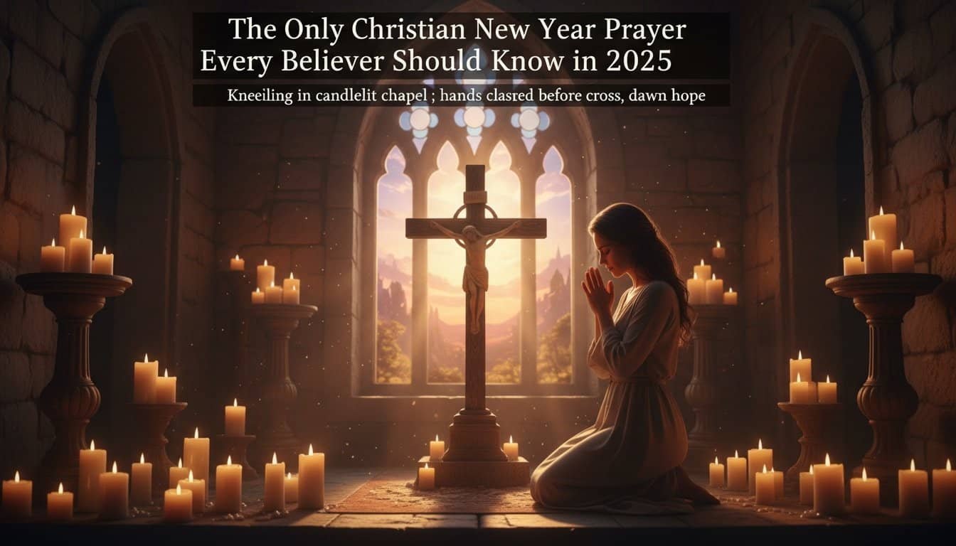 Kneeling woman praying at church with candles, cross, and sunset window; Christian New Year 2025; faith, prayer, hope, worship, church, candlelit chapel.