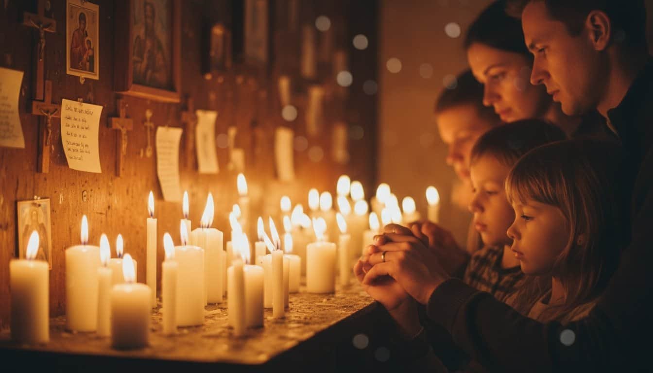 People praying with lit candles in a church, remembering loved ones, and seeking spiritual comfort.