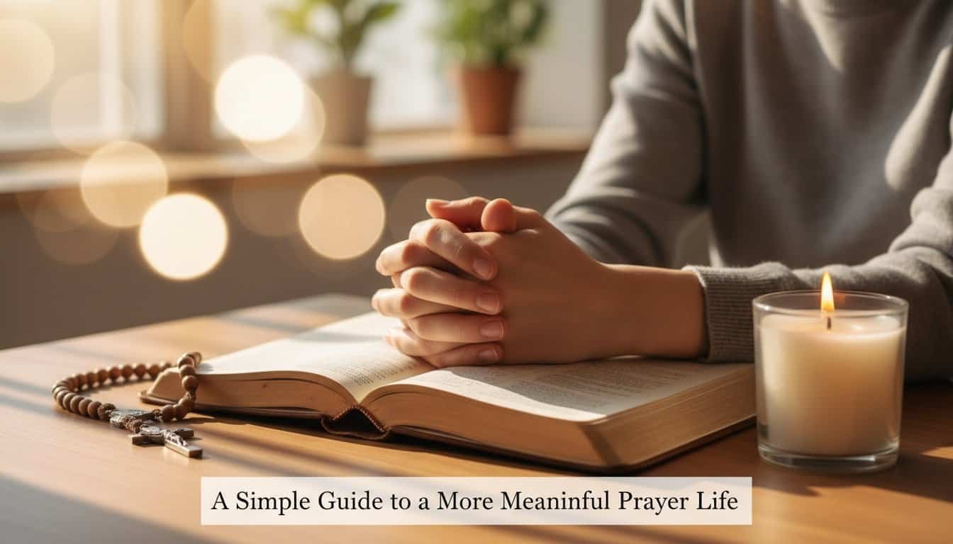 Person praying with hands clasped and Bible on a wooden table, candle lit, creating a peaceful atmosphere for spiritual connection and worship.