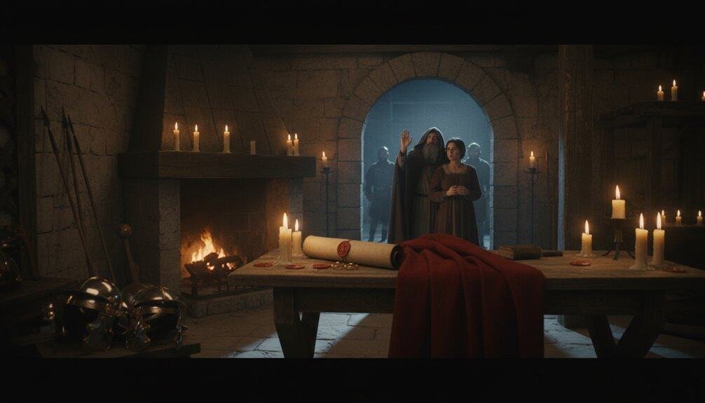 A biblical scene in a stone chamber illuminated by candles and fire, with figures gathered around a table, emphasizing faith and worship themes.