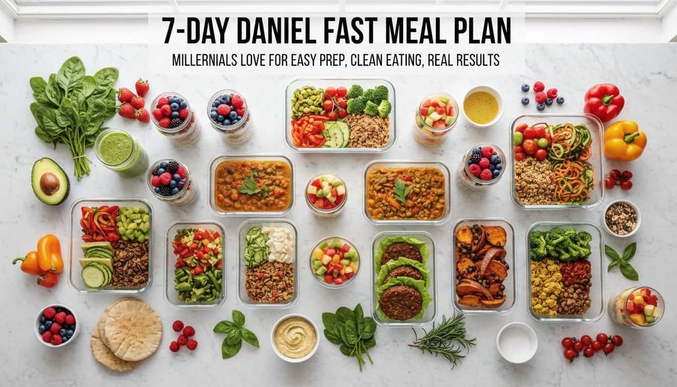 Healthy plant-based meal options for Daniel Fast, including fruits, vegetables, grains, and legumes, ideal for spiritual fasting and clean eating lifestyles.