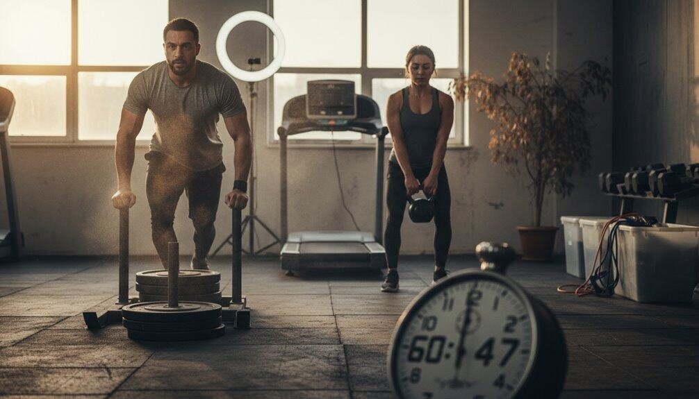 Image of a man pushing weights with a woman holding a kettlebell in a gym, symbolizing strength and perseverance through faith and fitness. Perfect for spiritual motivation and health-focused content.