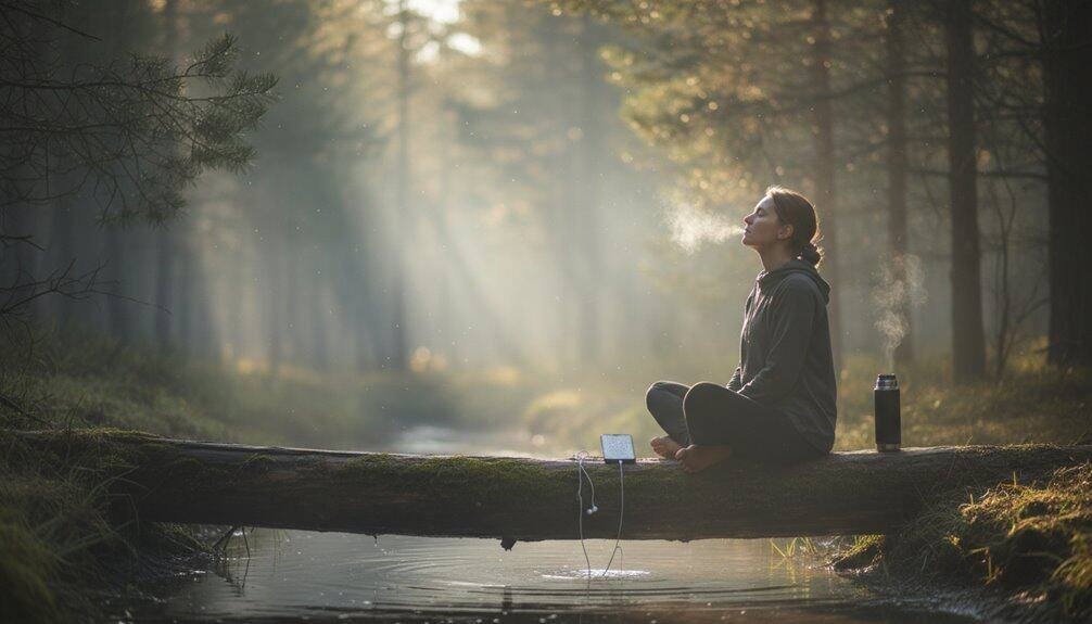 He Restores My Soul : A Gentle Reset for Burnout and Decision Fatigue My Bible Song 2026 A woman practicing meditation with her Bible app on a log over a serene stream, surrounded by trees, early morning sunlight, promoting spiritual peace and faith connection through Bible songs.
