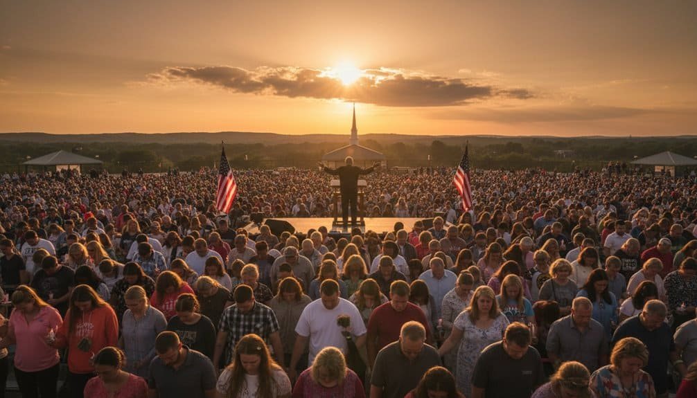 A large crowd united in prayer and worship outdoors during sunset, emphasizing faith and community celebration.