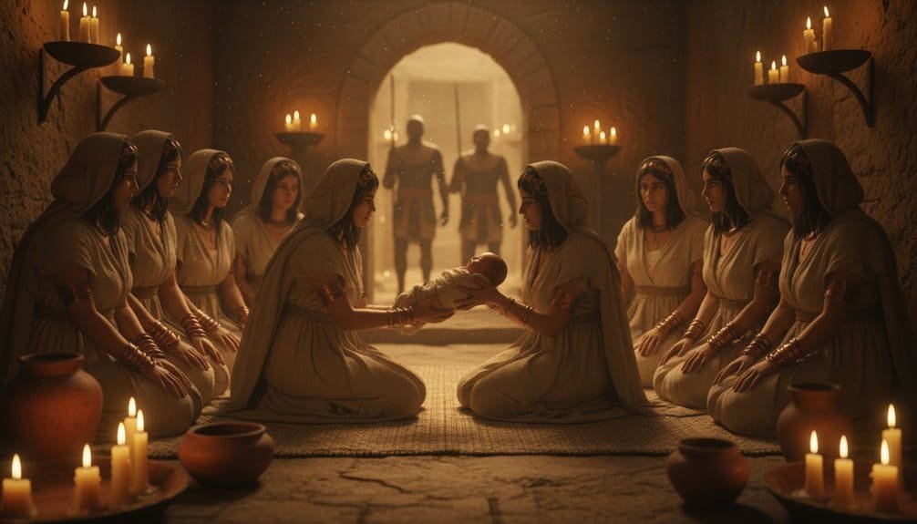 Divine Christian worship scene with women in prayer, holding a baby, in a sacred, candlelit setting, emphasizing biblical themes; spiritual, church, faith, religion, devotion, prayer.