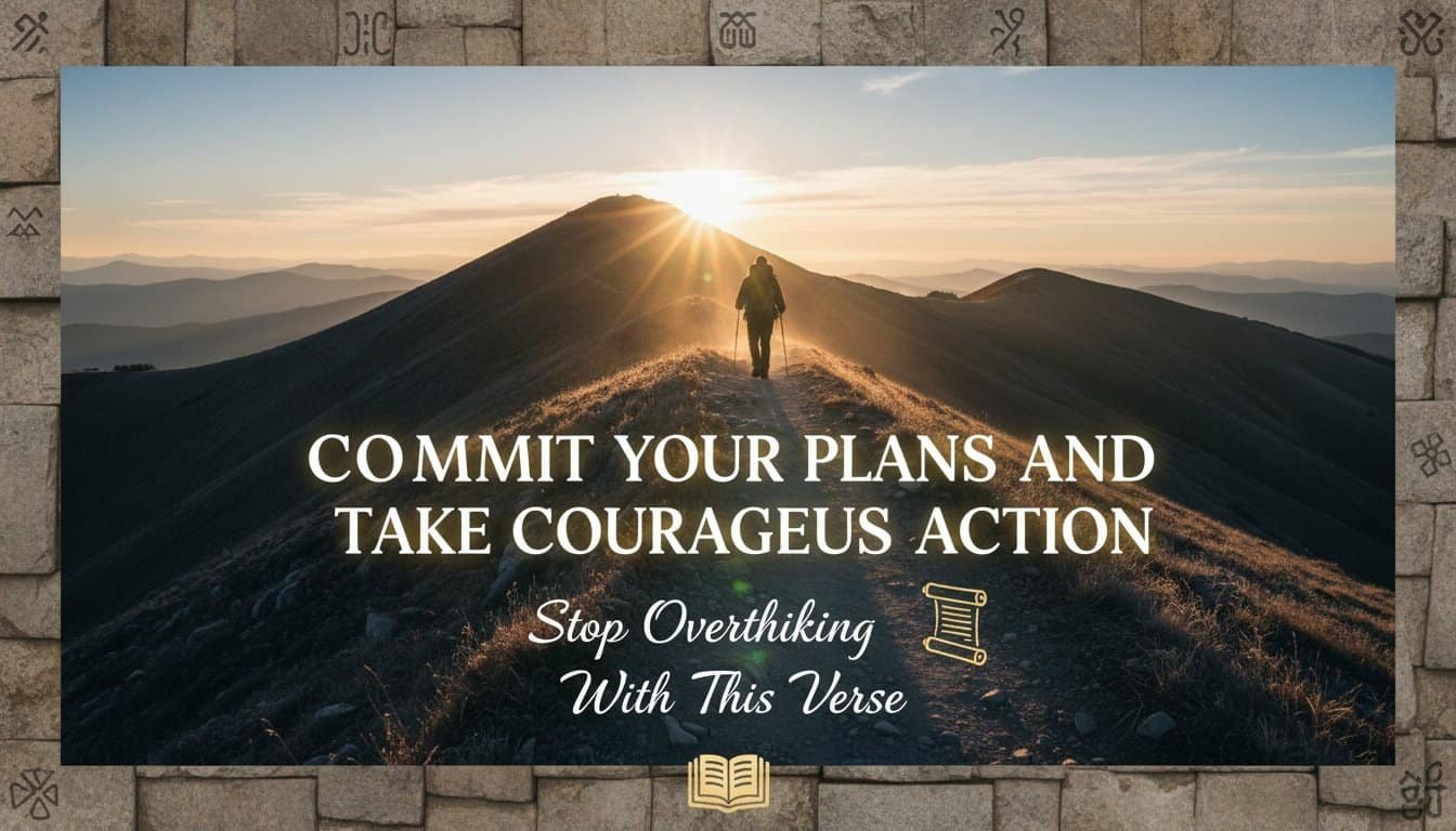 Inspirational mountain hike scene with encouragement to commit plans and take brave actions, perfect for motivation and faith-based content.