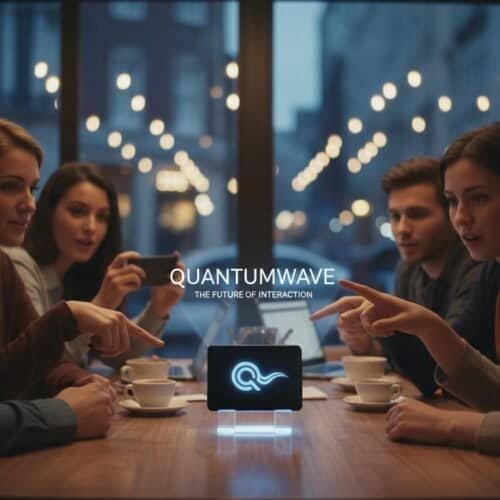 Group of young adults engaging in a technology discussion at a cafe, highlighting innovative communication solutions in a modern setting.