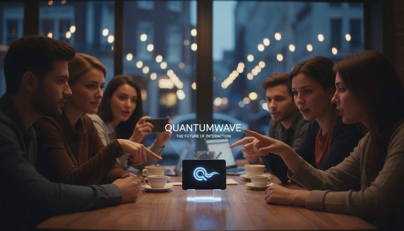 Group of young adults engaging in a technology discussion at a cafe, highlighting innovative communication solutions in a modern setting.