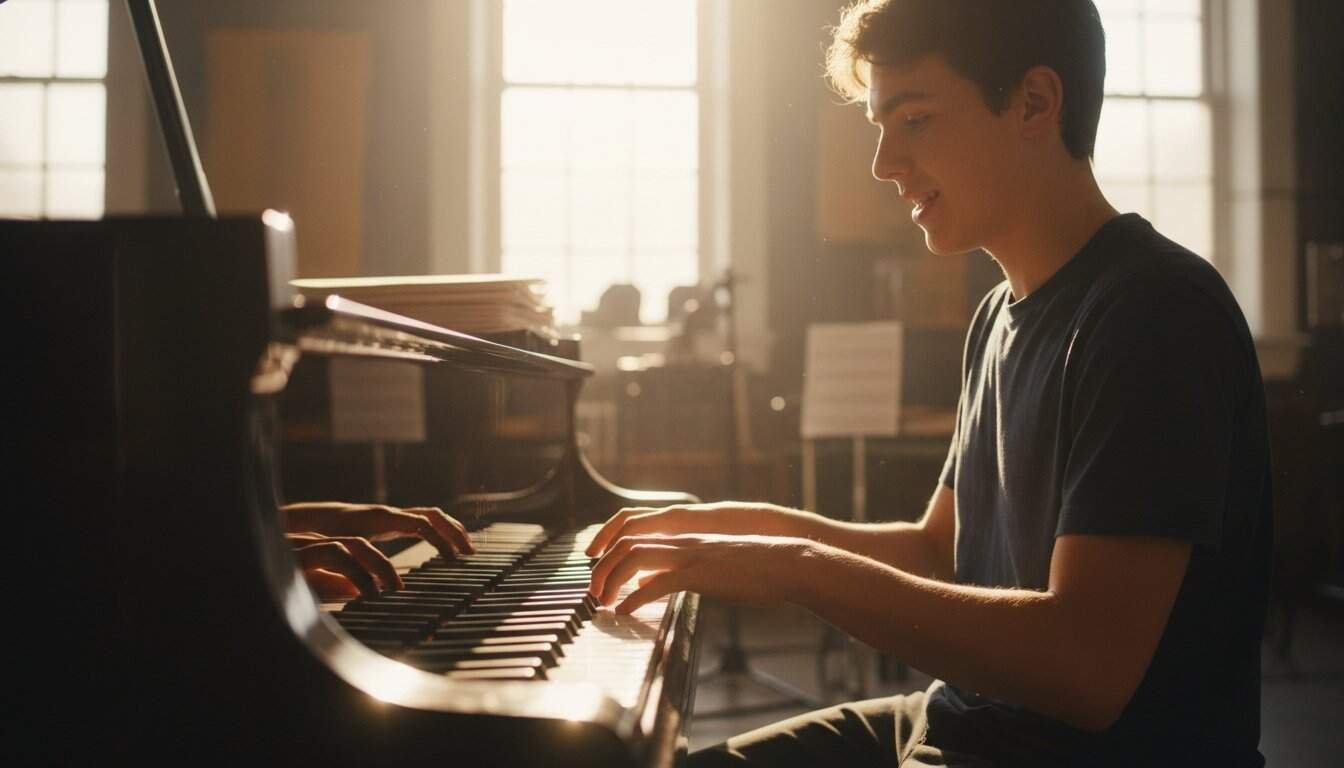 Young man playing piano with a radiant smile, enjoying gospel music in a bright, sunlit church or studio setting.