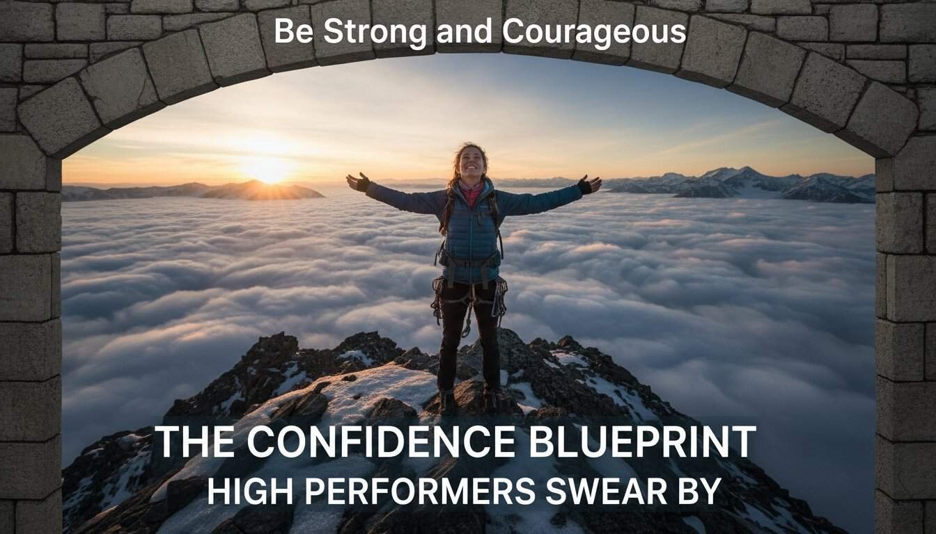 Girl standing on mountain peak with open arms at sunrise, symbolizing confidence and courage.