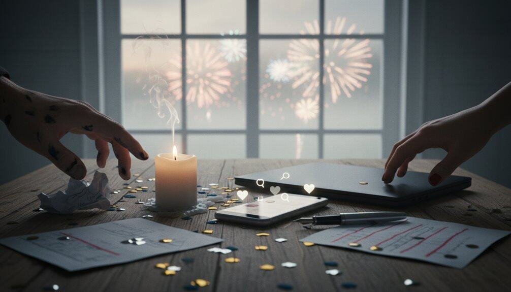A cozy indoor scene with a lit candle, confetti, and smartphones on a table, celebrating New Year's Eve with fireworks display visible through a window in the background.