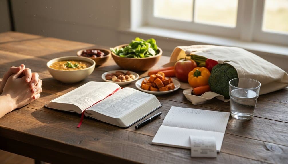 Complete 21 DAY Daniel Fast Guide: Daily Menus, Prayer Prompts, and Budget Grocery Lists My Bible Song 2026 Close-up of a person praying with an open Bible, surrounded by healthy vegetables, soup, and a glass of water on a wooden table, illustrating faith and healthy living.