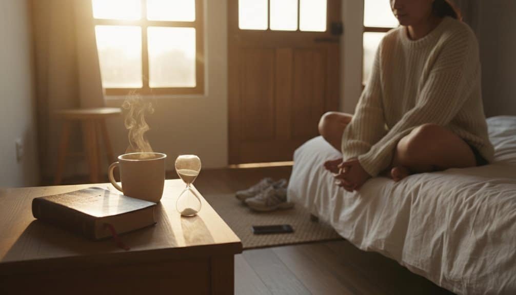Reflective woman meditating on faith and spirituality in a cozy, sunlit room with a Bible, coffee, and hourglass for spiritual growth and inspiration.