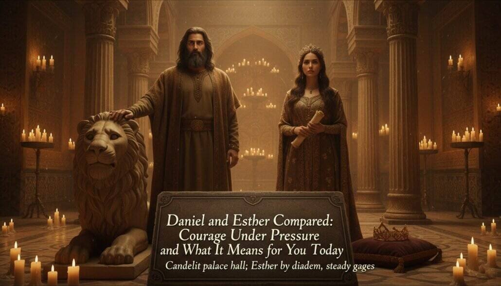 Home My Bible Song 2026 Beautiful scene depicting Daniel and Esther in a grand palace hall, surrounded by candlelit ambiance, showcasing courage and faith in biblical stories.