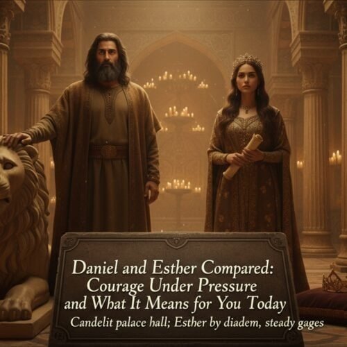 Beautiful scene depicting Daniel and Esther in a grand palace hall, surrounded by candlelit ambiance, showcasing courage and faith in biblical stories.