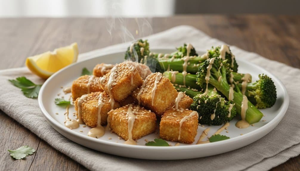 10 Daniel Fast Menu Ideas Chefs Swear by for Energy, Clarity, and Cravings Control My Bible Song 2026 Delicious fried tofu with steamed broccoli drizzled with creamy sauce, garnished with lemon wedges and fresh herbs, perfect for a healthy, nourishing meal.