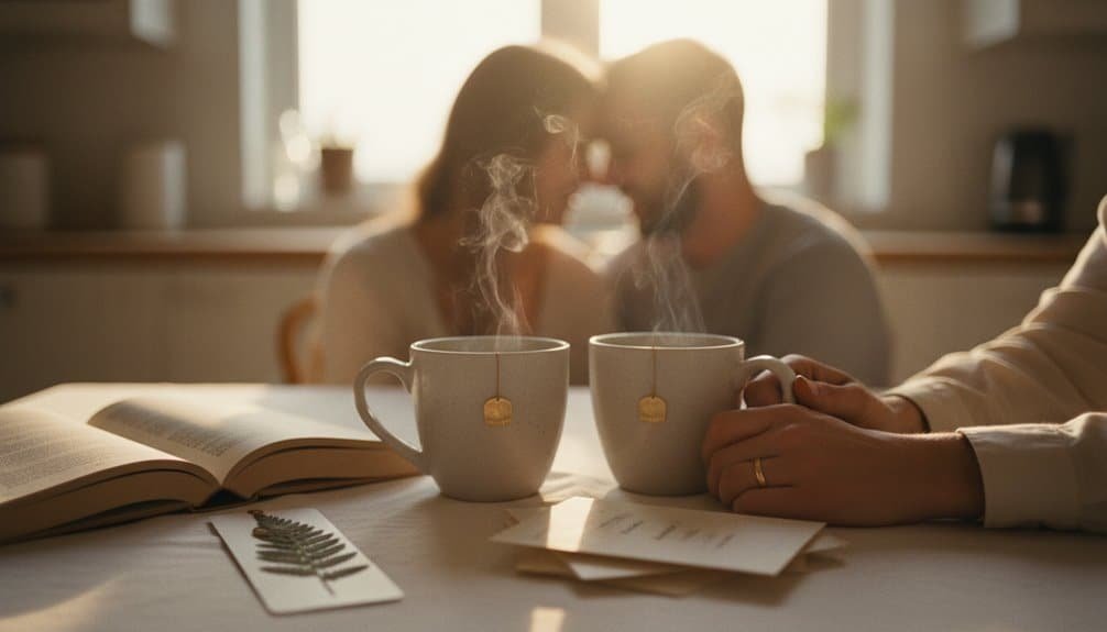 Two friends sharing a peaceful morning with tea, Bible, and prayer at home. Embrace faith and fellowship with uplifting Christian songs and meditative moments from My Bible Song.