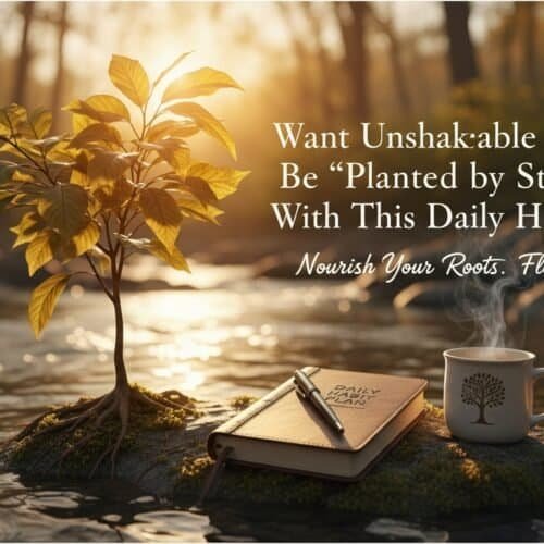 A young tree growing near a stream at sunrise, with a Bible journal, pen, and a steaming cup of coffee, symbolizing daily spiritual growth and biblical habits for nourishment and flourishing in faith.