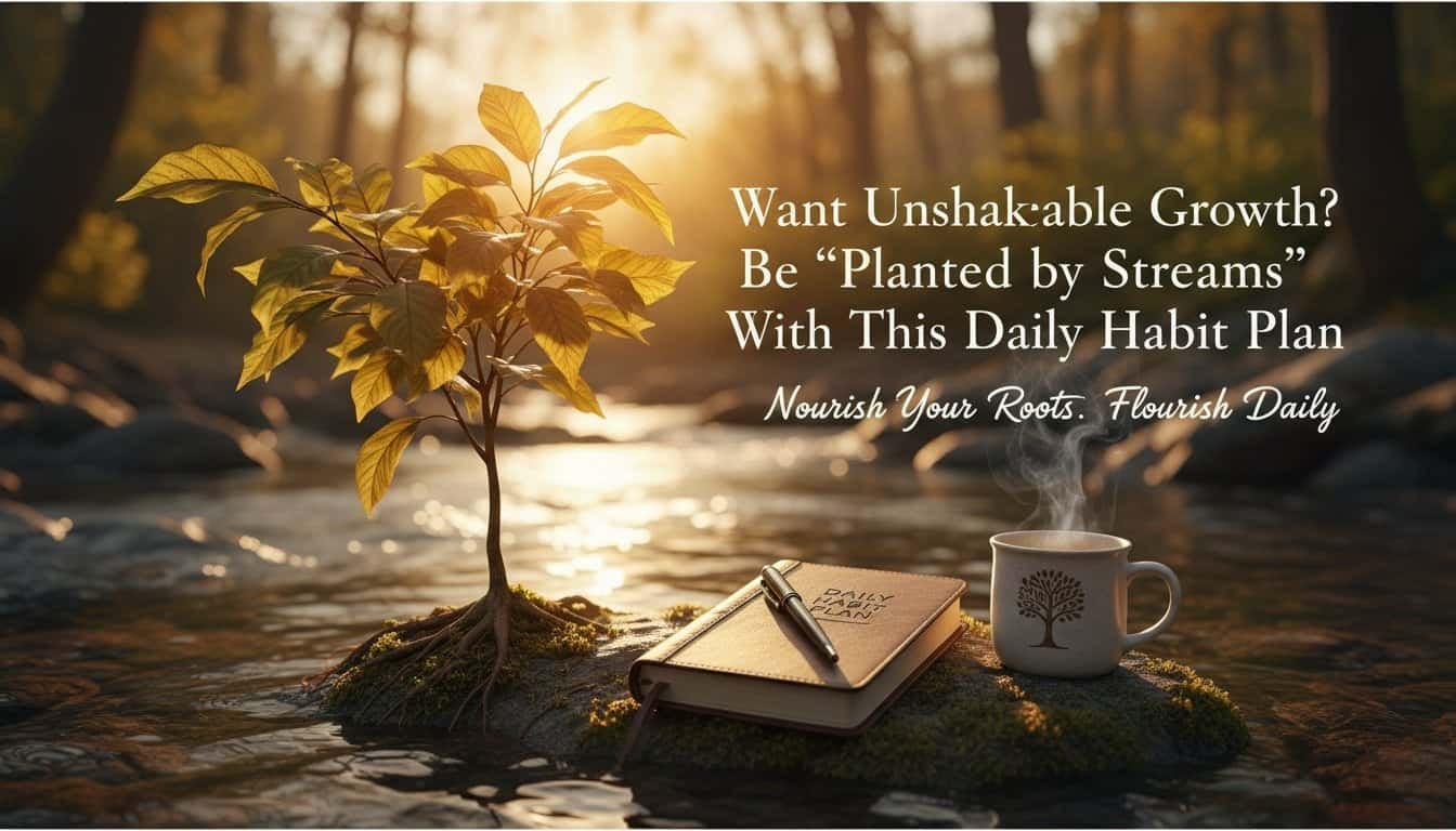 A young tree growing near a stream at sunrise, with a Bible journal, pen, and a steaming cup of coffee, symbolizing daily spiritual growth and biblical habits for nourishment and flourishing in faith.