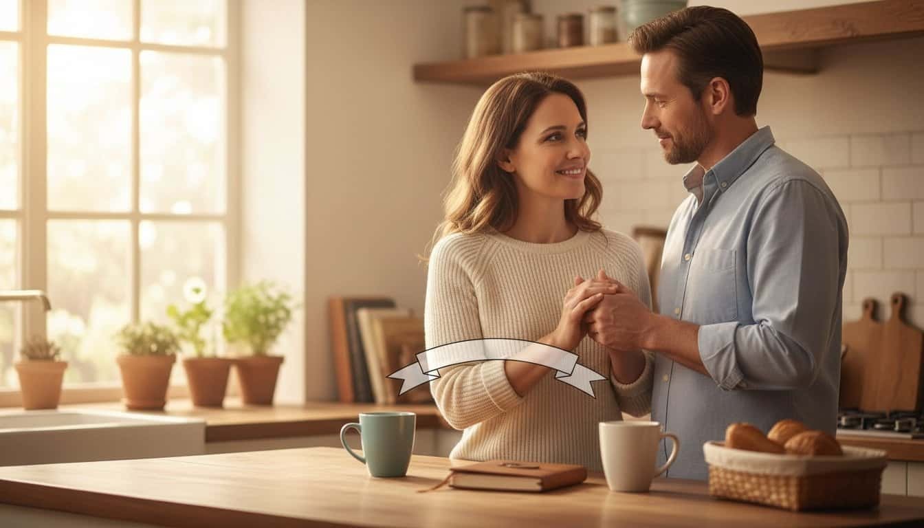 Peaceful couple praying in kitchen with sunlight, symbolizing faith and love.