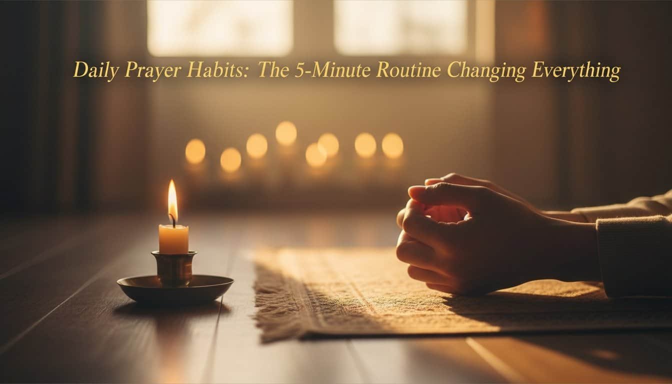 Person praying with hands clasped near a candle on a wooden table in warm, peaceful setting.