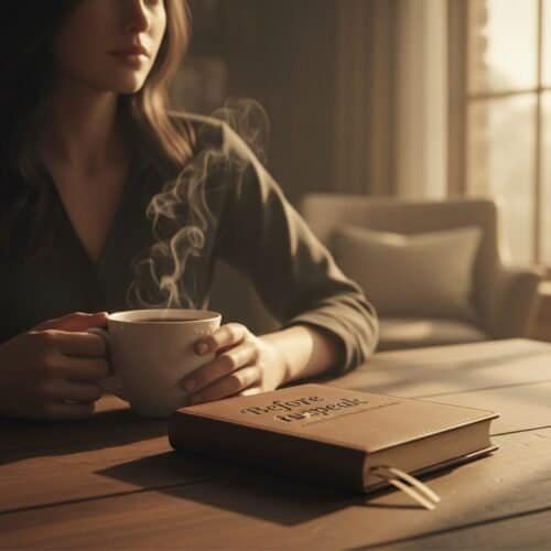 Peaceful woman reading Bible with coffee in cozy home setting.