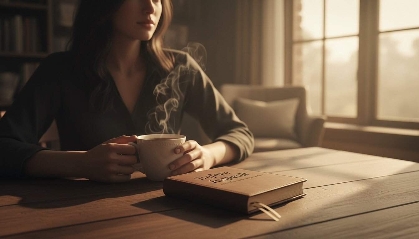 Peaceful woman reading Bible with coffee in cozy home setting.