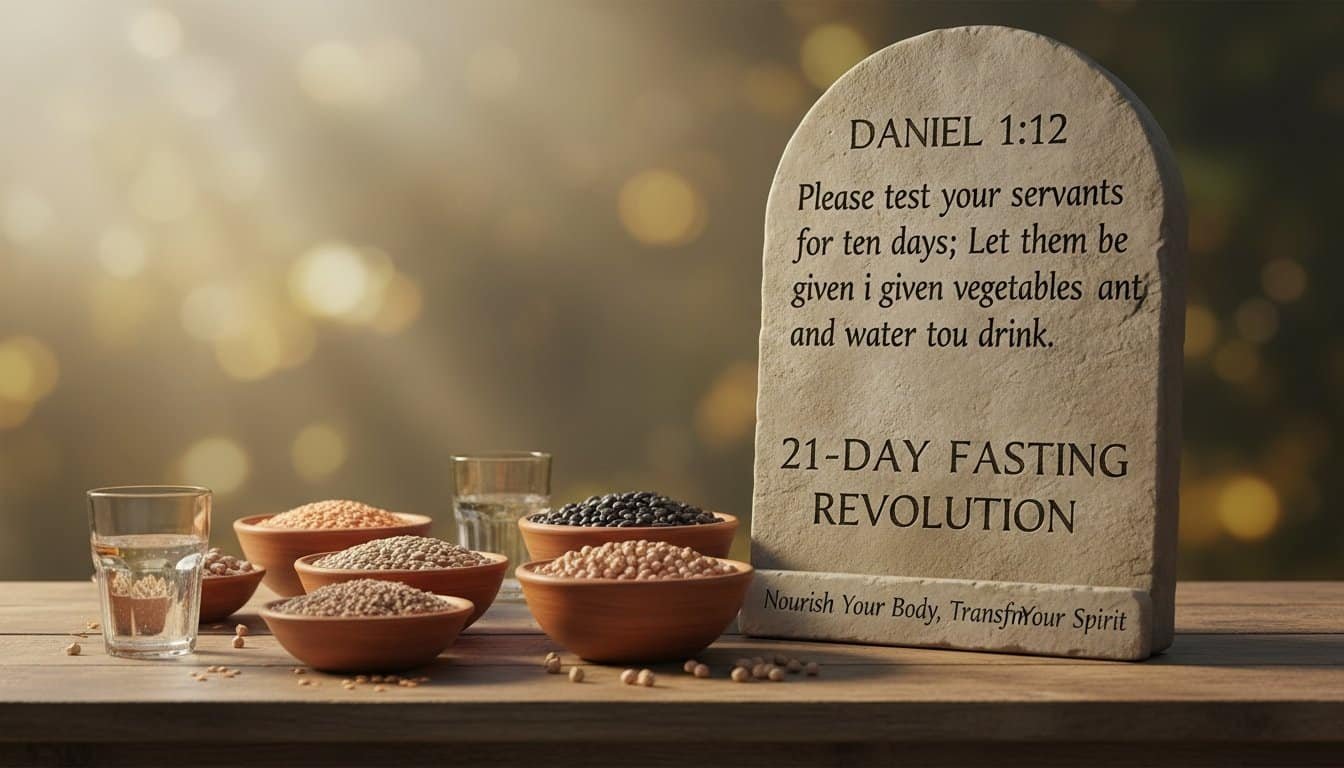 Jumpstart your faith with biblical fasting tips, emphasizing spiritual growth and health benefits, featuring a stone tablet with scripture from Daniel 1:12 about a 21-day fasting journey.