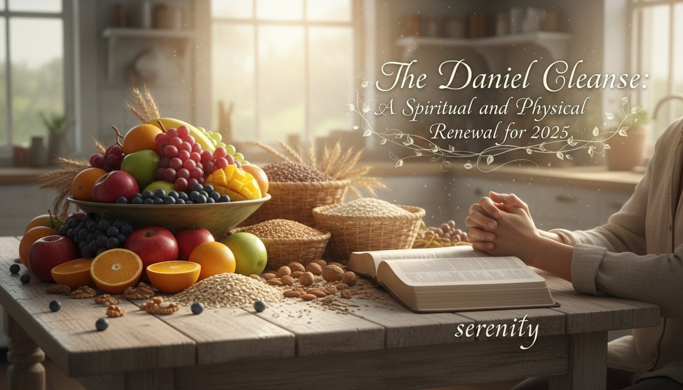 Healthy fruits and grains on a rustic table with a person praying and reading the Bible.