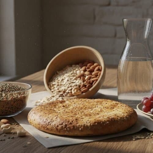 Close-up of homemade bread, grapes, and nuts on a wooden table with natural sunlight, symbolizing nourishment and faith.
