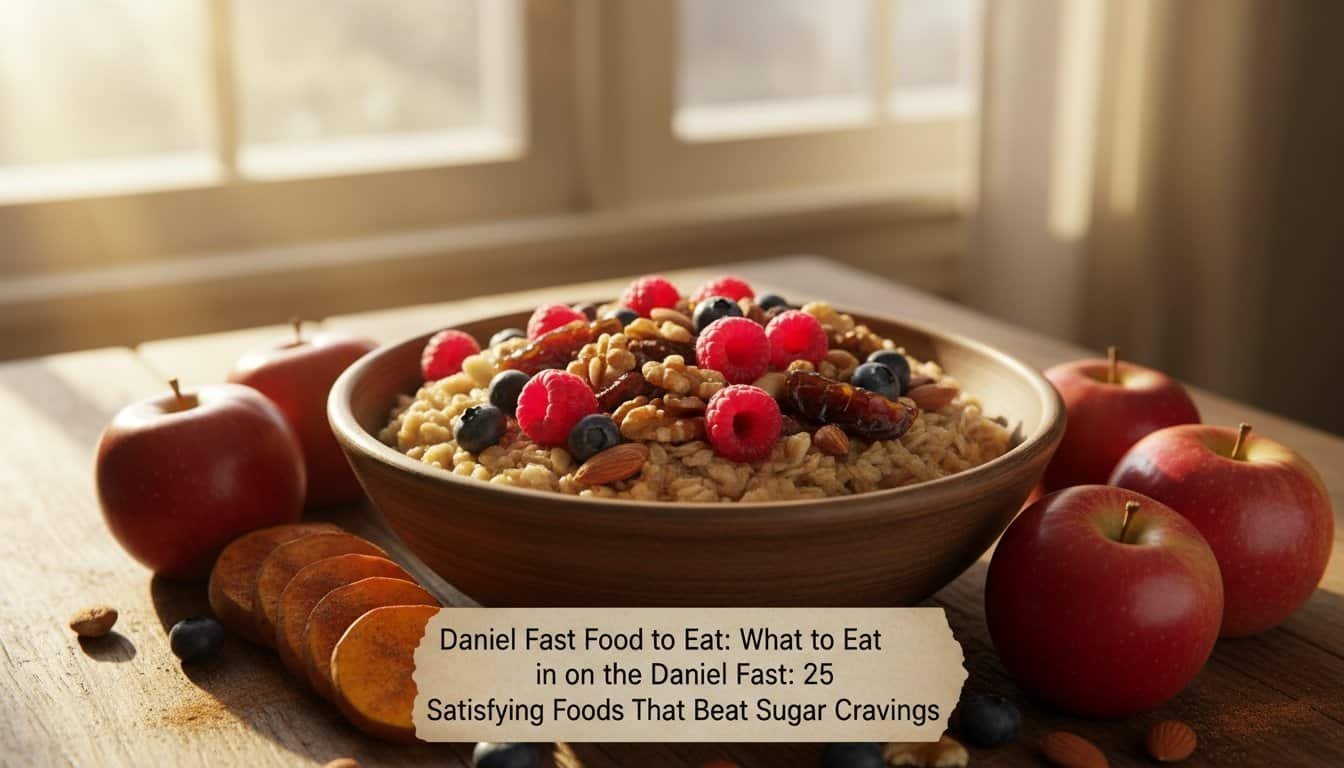 A bowl of oatmeal topped with fresh berries and nuts surrounded by apples and dried apricots, ideal for Daniel Fast, promoting healthy eating and sugar craving relief during spiritual fasting.